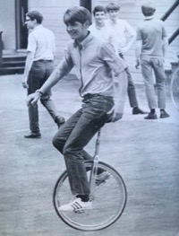 Allen Gartner on unicycle on first Earth Day at AHHS